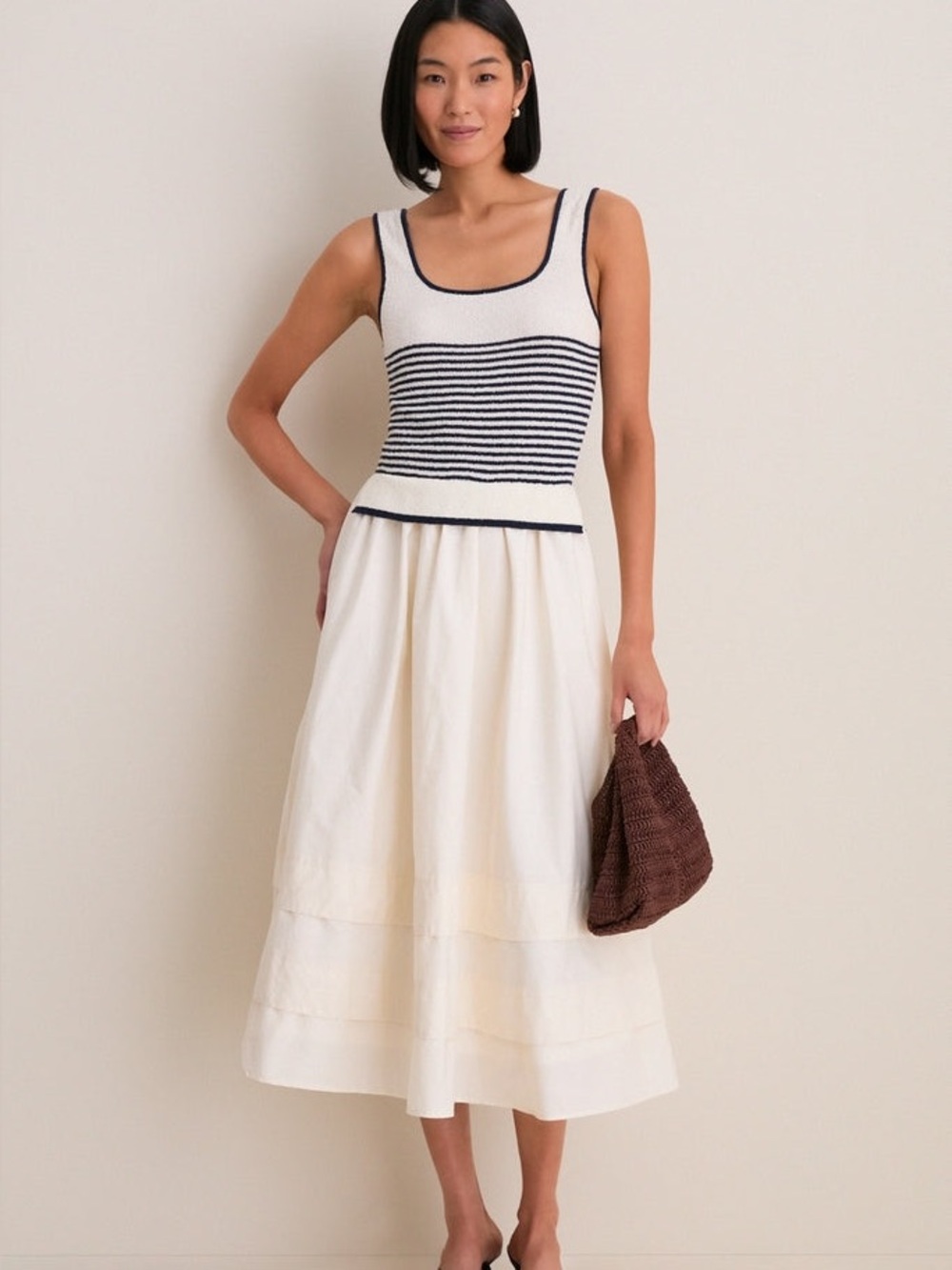 Tuckernuck Exclusive Moon River Striped Knit Poplin Midi Dress Navy White Small